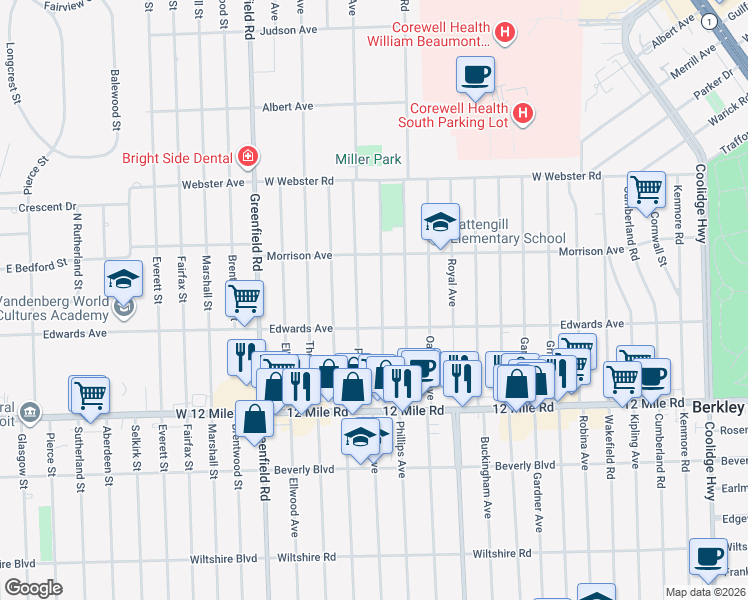 map of restaurants, bars, coffee shops, grocery stores, and more near 3890 Prairie Avenue in Berkley