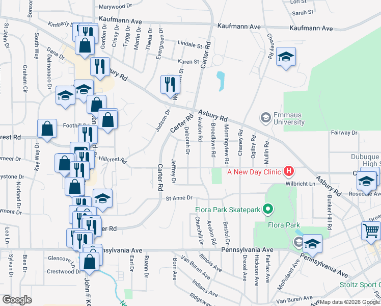 map of restaurants, bars, coffee shops, grocery stores, and more near 2060 Deborah Drive in Dubuque