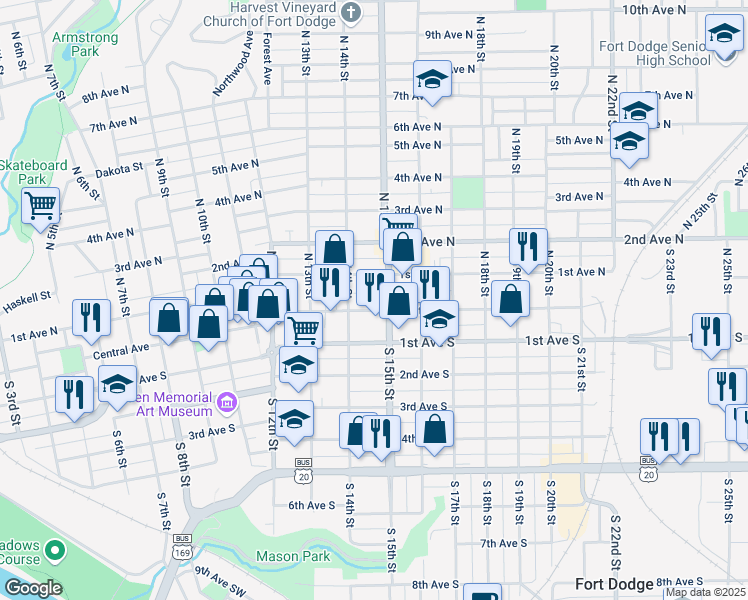map of restaurants, bars, coffee shops, grocery stores, and more near 1411 1st Avenue North in Fort Dodge