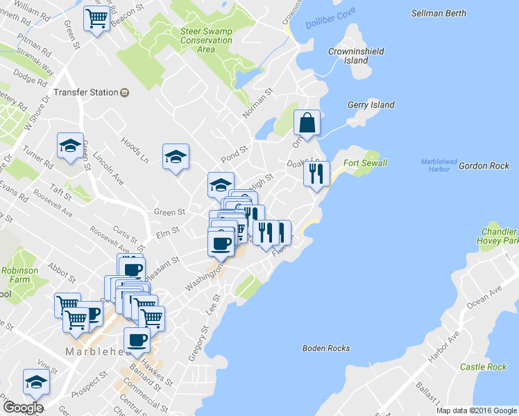 map of restaurants, bars, coffee shops, grocery stores, and more near 41 Washington Street in Marblehead