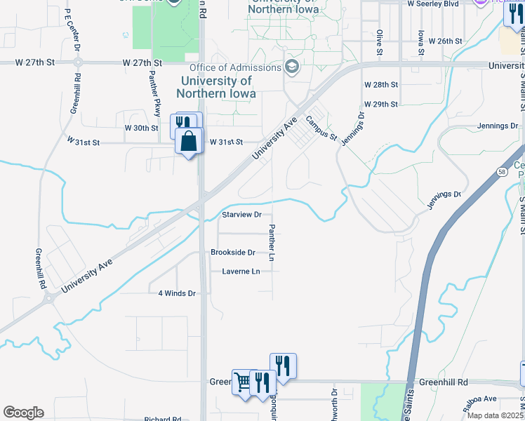 map of restaurants, bars, coffee shops, grocery stores, and more near 1405 Starview Drive in Cedar Falls