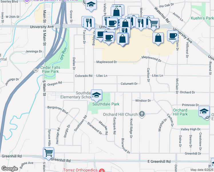 map of restaurants, bars, coffee shops, grocery stores, and more near 830 Calumett Drive in Cedar Falls