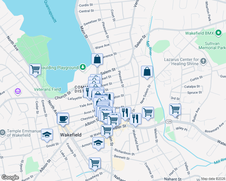 map of restaurants, bars, coffee shops, grocery stores, and more near 29 Park Street in Wakefield