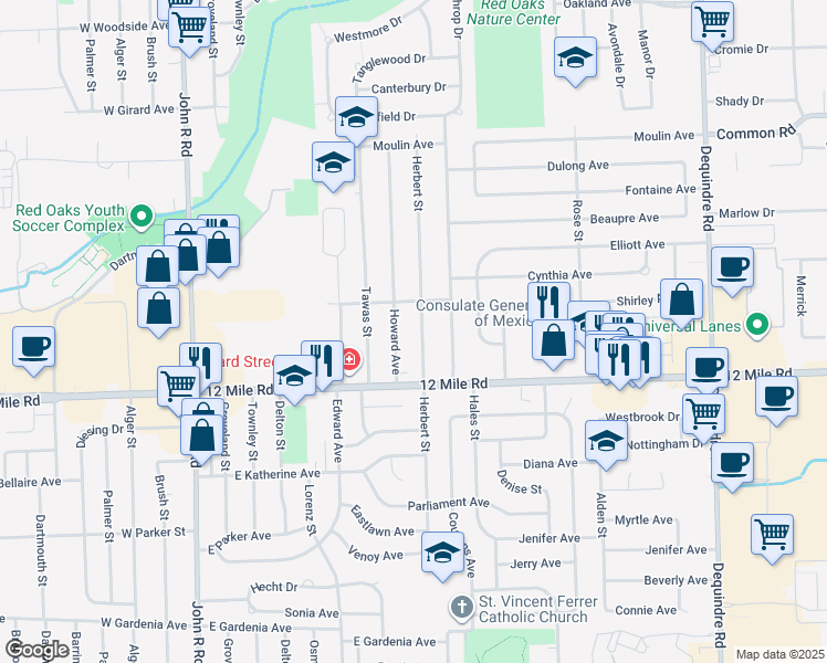 map of restaurants, bars, coffee shops, grocery stores, and more near 29099 Herbert Street in Madison Heights