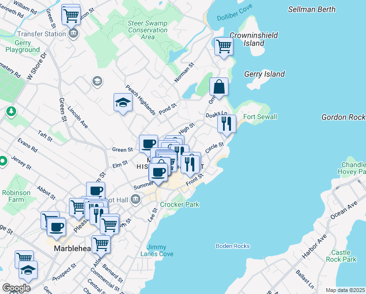 map of restaurants, bars, coffee shops, grocery stores, and more near 41 Washington Street in Marblehead