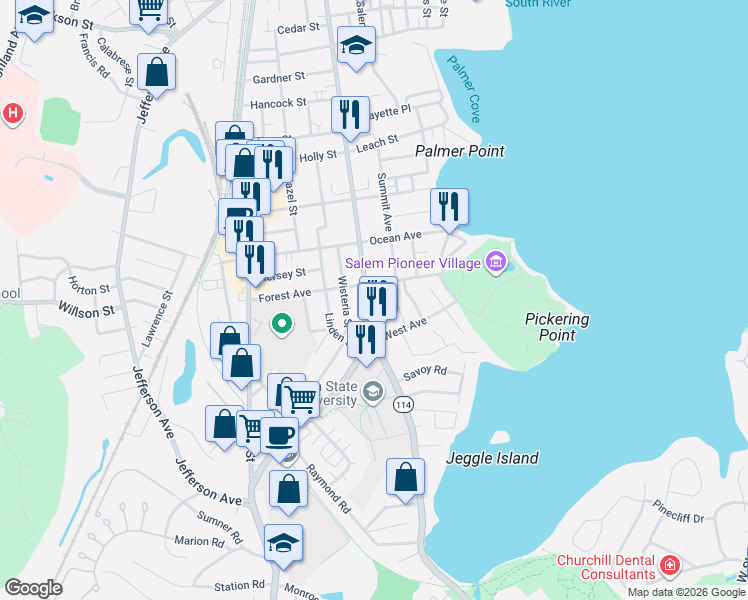 map of restaurants, bars, coffee shops, grocery stores, and more near 3 Clifton Avenue in Salem
