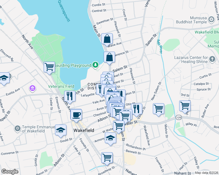 map of restaurants, bars, coffee shops, grocery stores, and more near 294 Main Street in Wakefield