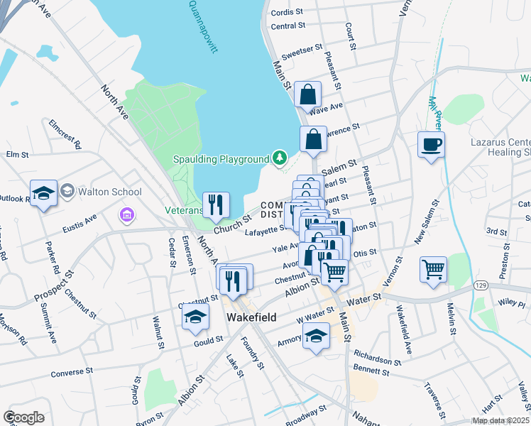 map of restaurants, bars, coffee shops, grocery stores, and more near 16 Church Street in Wakefield