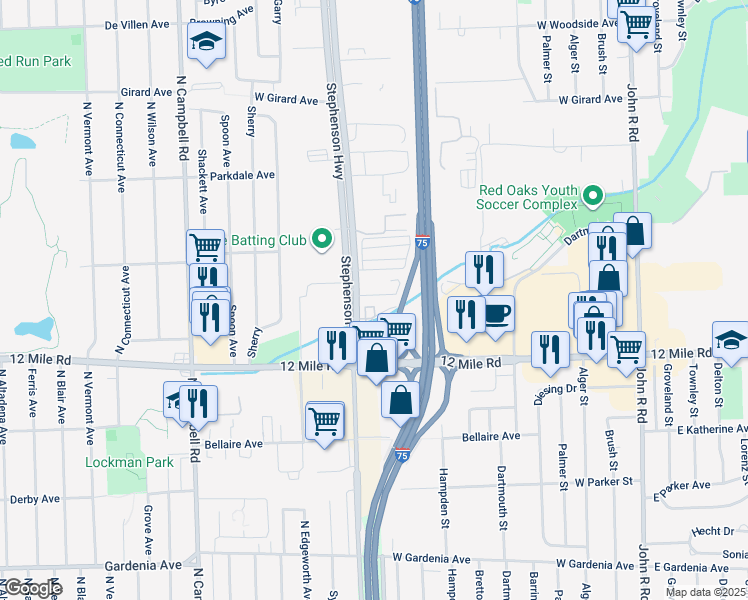 map of restaurants, bars, coffee shops, grocery stores, and more near 1020 Helen Court in Madison Heights