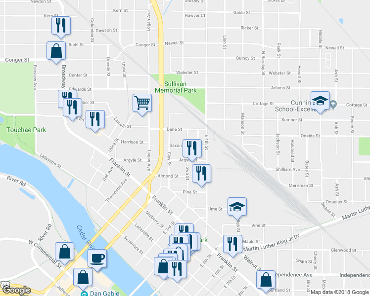 map of restaurants, bars, coffee shops, grocery stores, and more near 510 Iowa Street in Waterloo
