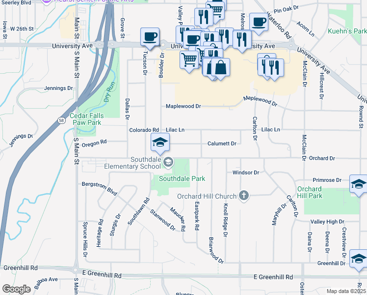 map of restaurants, bars, coffee shops, grocery stores, and more near 830 Calumett Drive in Cedar Falls