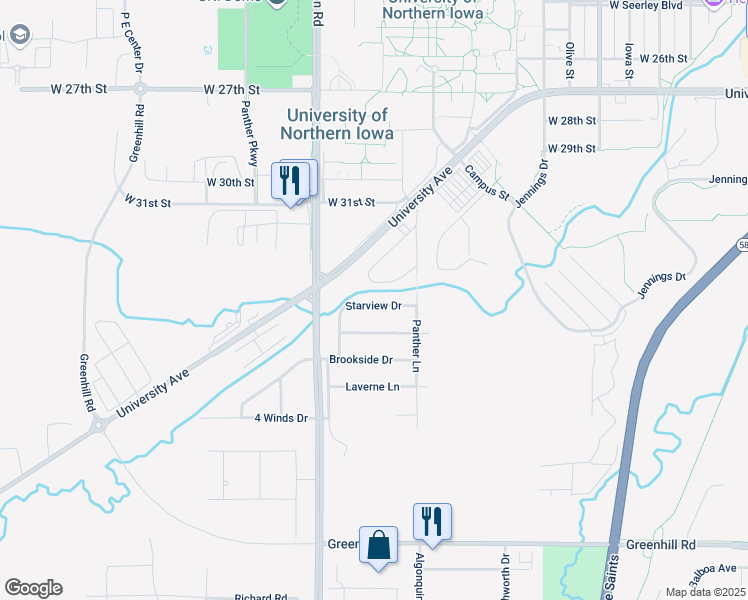 map of restaurants, bars, coffee shops, grocery stores, and more near 1510 Starbeck Circle in Cedar Falls