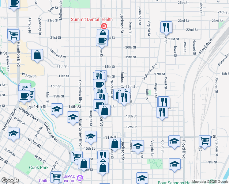 map of restaurants, bars, coffee shops, grocery stores, and more near 1510 Nebraska Street in Sioux City
