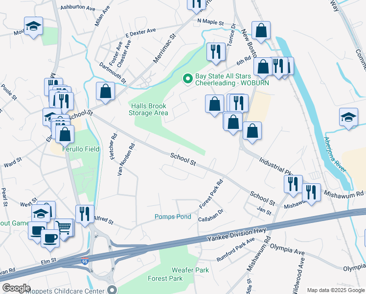 map of restaurants, bars, coffee shops, grocery stores, and more near 1 Candice Court in Woburn