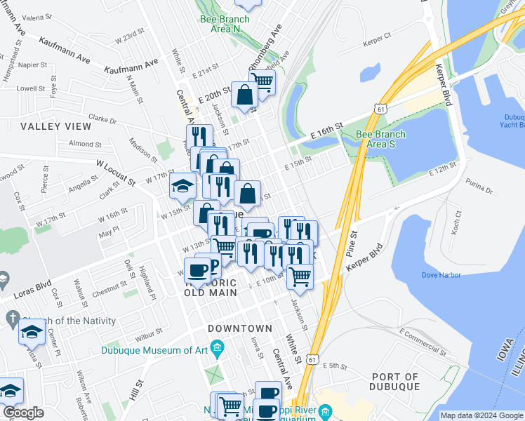 map of restaurants, bars, coffee shops, grocery stores, and more near 1344 Jackson Street in Dubuque