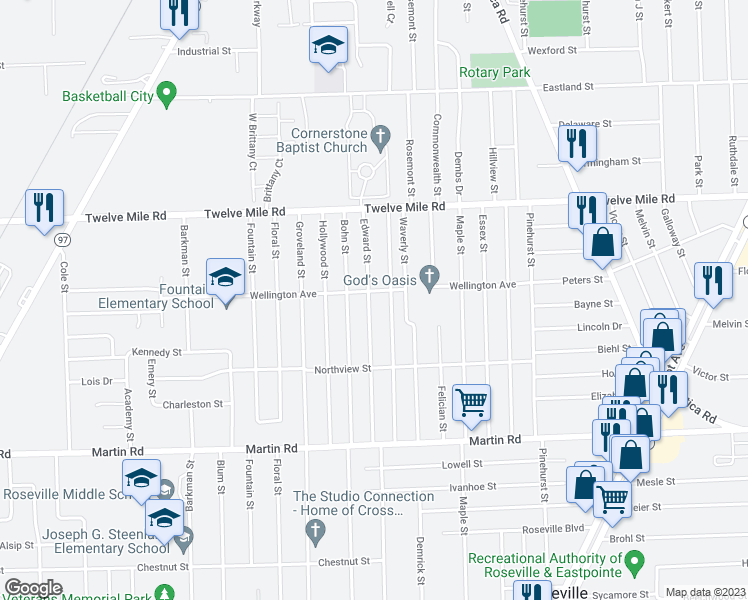 map of restaurants, bars, coffee shops, grocery stores, and more near 28638 Edward Street in Roseville