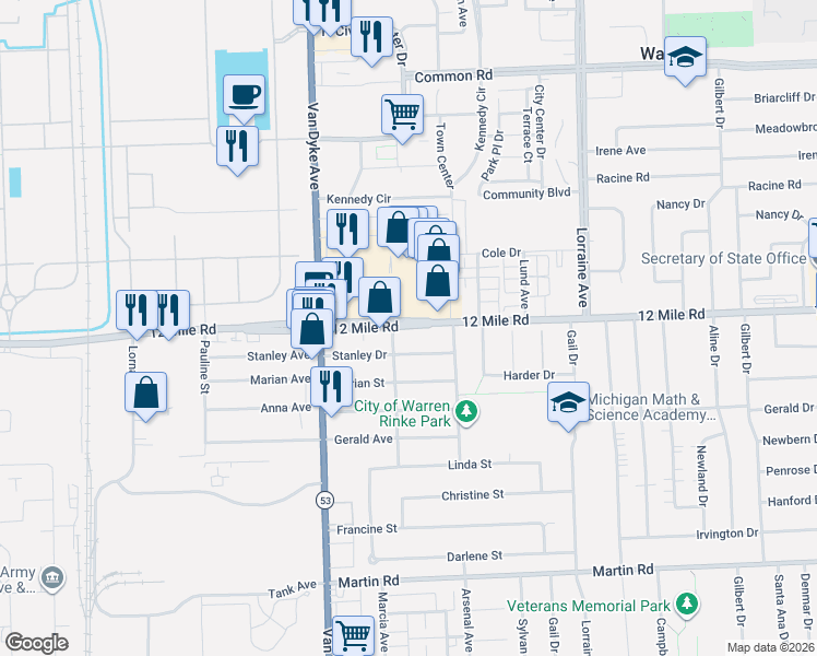 map of restaurants, bars, coffee shops, grocery stores, and more near 8262 Twelve Mile Road in Warren