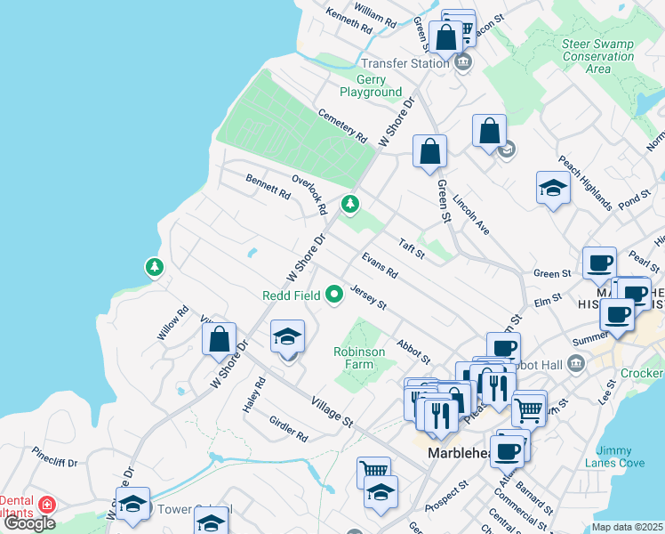 map of restaurants, bars, coffee shops, grocery stores, and more near 80 Garfield Street in Marblehead