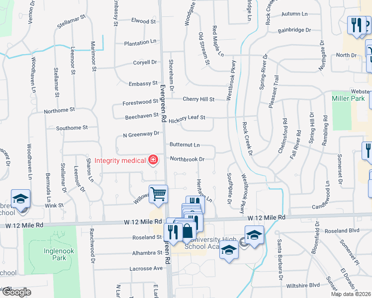 map of restaurants, bars, coffee shops, grocery stores, and more near 19870 Butternut Lane in Southfield