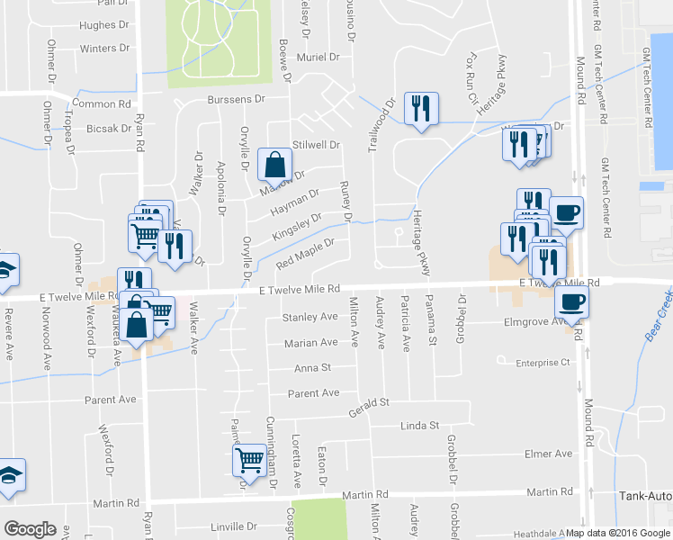 map of restaurants, bars, coffee shops, grocery stores, and more near 4844 Wolgast Drive in Warren