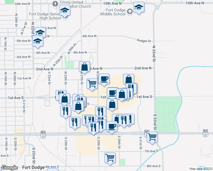 map of restaurants, bars, coffee shops, grocery stores, and more near 2910 1st Avenue South in Fort Dodge