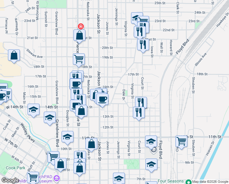 map of restaurants, bars, coffee shops, grocery stores, and more near 816 16th St in Sioux City