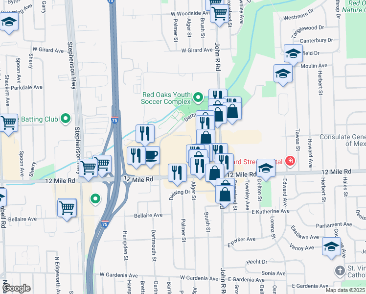 map of restaurants, bars, coffee shops, grocery stores, and more near 434 12 Mile Road in Madison Heights