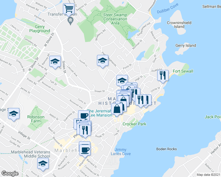 map of restaurants, bars, coffee shops, grocery stores, and more near 7 Bradford Court in Marblehead