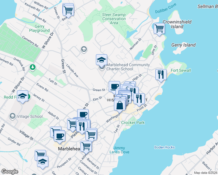 map of restaurants, bars, coffee shops, grocery stores, and more near 7 Bradford Court in Marblehead