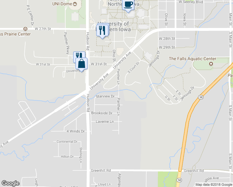 map of restaurants, bars, coffee shops, grocery stores, and more near 3509 Panther Lane in Cedar Falls