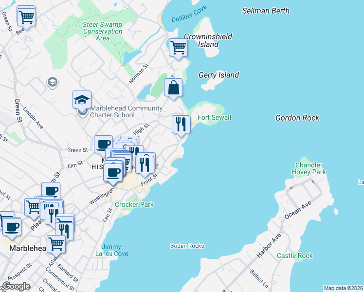 map of restaurants, bars, coffee shops, grocery stores, and more near 11 Selman Street in Marblehead