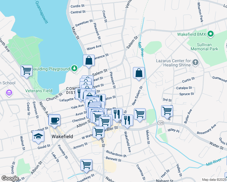 map of restaurants, bars, coffee shops, grocery stores, and more near 29 Park Street in Wakefield
