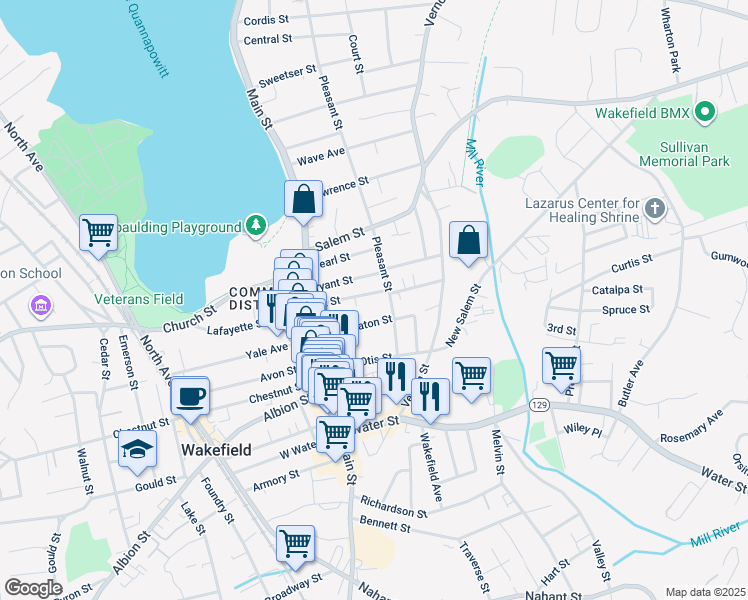 map of restaurants, bars, coffee shops, grocery stores, and more near 29 Park Street in Wakefield