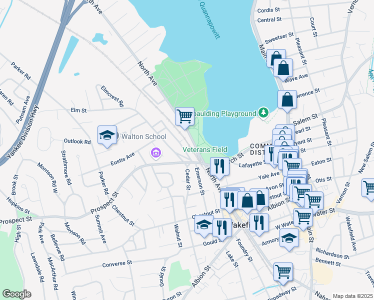 map of restaurants, bars, coffee shops, grocery stores, and more near 480 North Avenue in Wakefield
