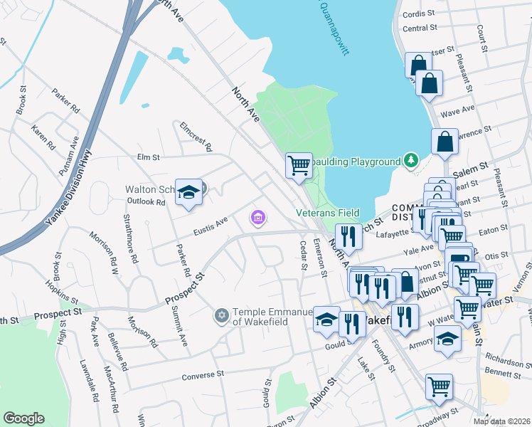 map of restaurants, bars, coffee shops, grocery stores, and more near 37 Elm Street in Wakefield