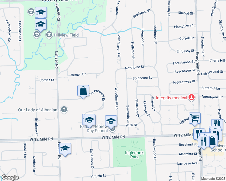 map of restaurants, bars, coffee shops, grocery stores, and more near 29625 Woodhaven Lane in Southfield