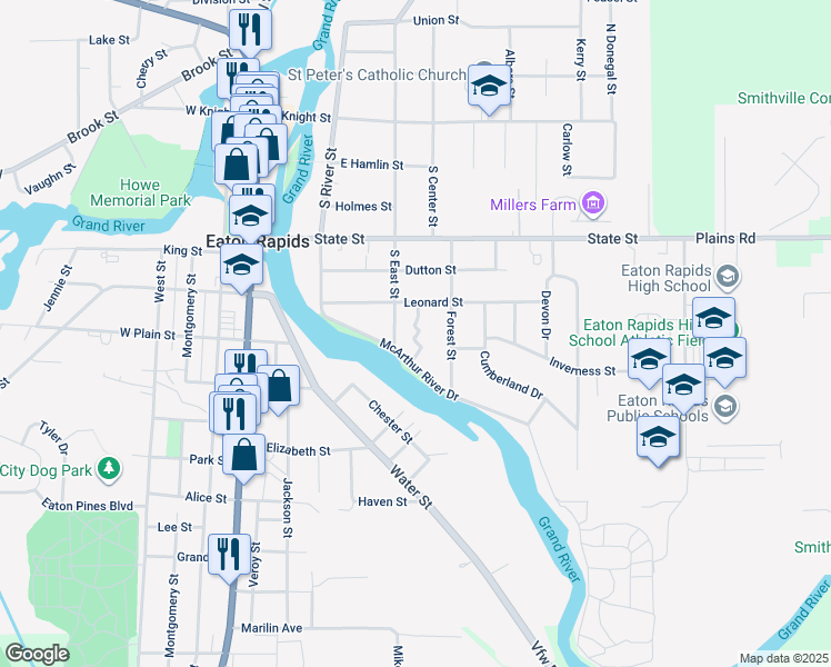 map of restaurants, bars, coffee shops, grocery stores, and more near 632 Riverview Drive in Eaton Rapids