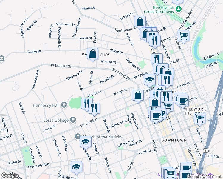 map of restaurants, bars, coffee shops, grocery stores, and more near 452-498 W 17th St in Dubuque