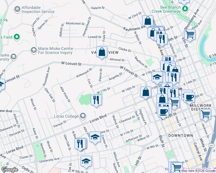 map of restaurants, bars, coffee shops, grocery stores, and more near 670 Angella Street in Dubuque