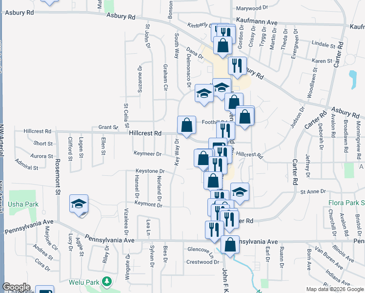 map of restaurants, bars, coffee shops, grocery stores, and more near 3460 Hillcrest Road in Dubuque