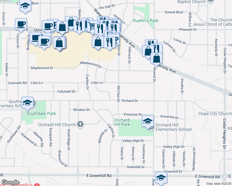 map of restaurants, bars, coffee shops, grocery stores, and more near 3506 Homeway Drive in Cedar Falls