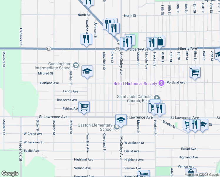 map of restaurants, bars, coffee shops, grocery stores, and more near 1604 Portland Avenue in Beloit