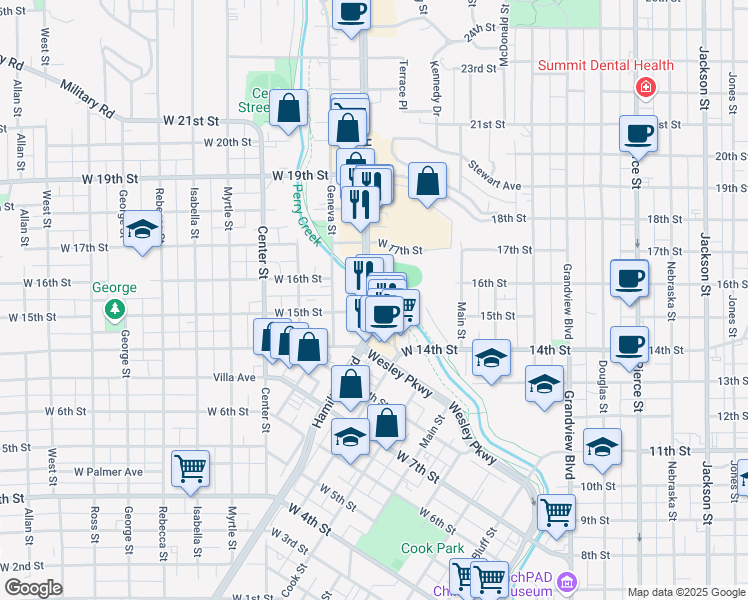 map of restaurants, bars, coffee shops, grocery stores, and more near 1601-1699 Hamilton Boulevard in Sioux City