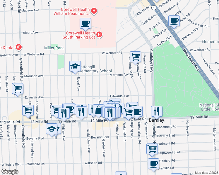 map of restaurants, bars, coffee shops, grocery stores, and more near 3893 Robina Avenue in Berkley