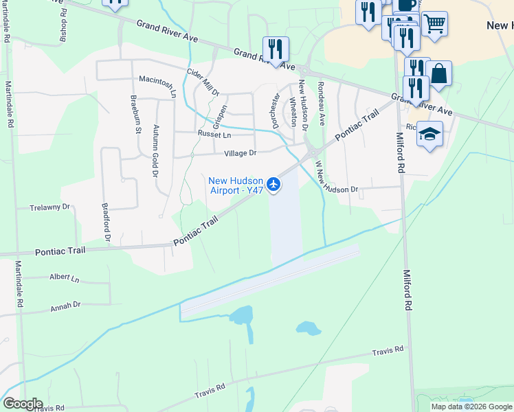 map of restaurants, bars, coffee shops, grocery stores, and more near 58000 Pontiac Trail in Lyon Charter Township