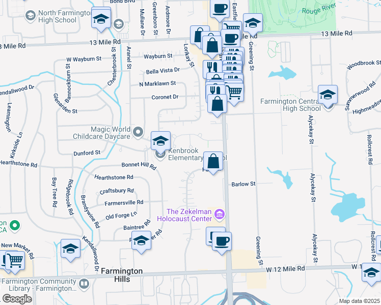 map of restaurants, bars, coffee shops, grocery stores, and more near 28636 Bristol Court in Farmington Hills