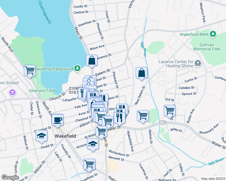 map of restaurants, bars, coffee shops, grocery stores, and more near 29 Park Street in Wakefield