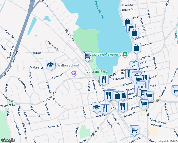 map of restaurants, bars, coffee shops, grocery stores, and more near 48 North Emerson Street in Wakefield