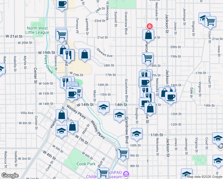 map of restaurants, bars, coffee shops, grocery stores, and more near 1527 Summit Street in Sioux City