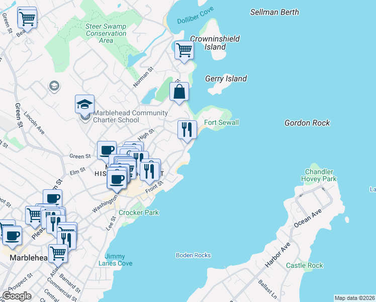 map of restaurants, bars, coffee shops, grocery stores, and more near 11 Selman Street in Marblehead